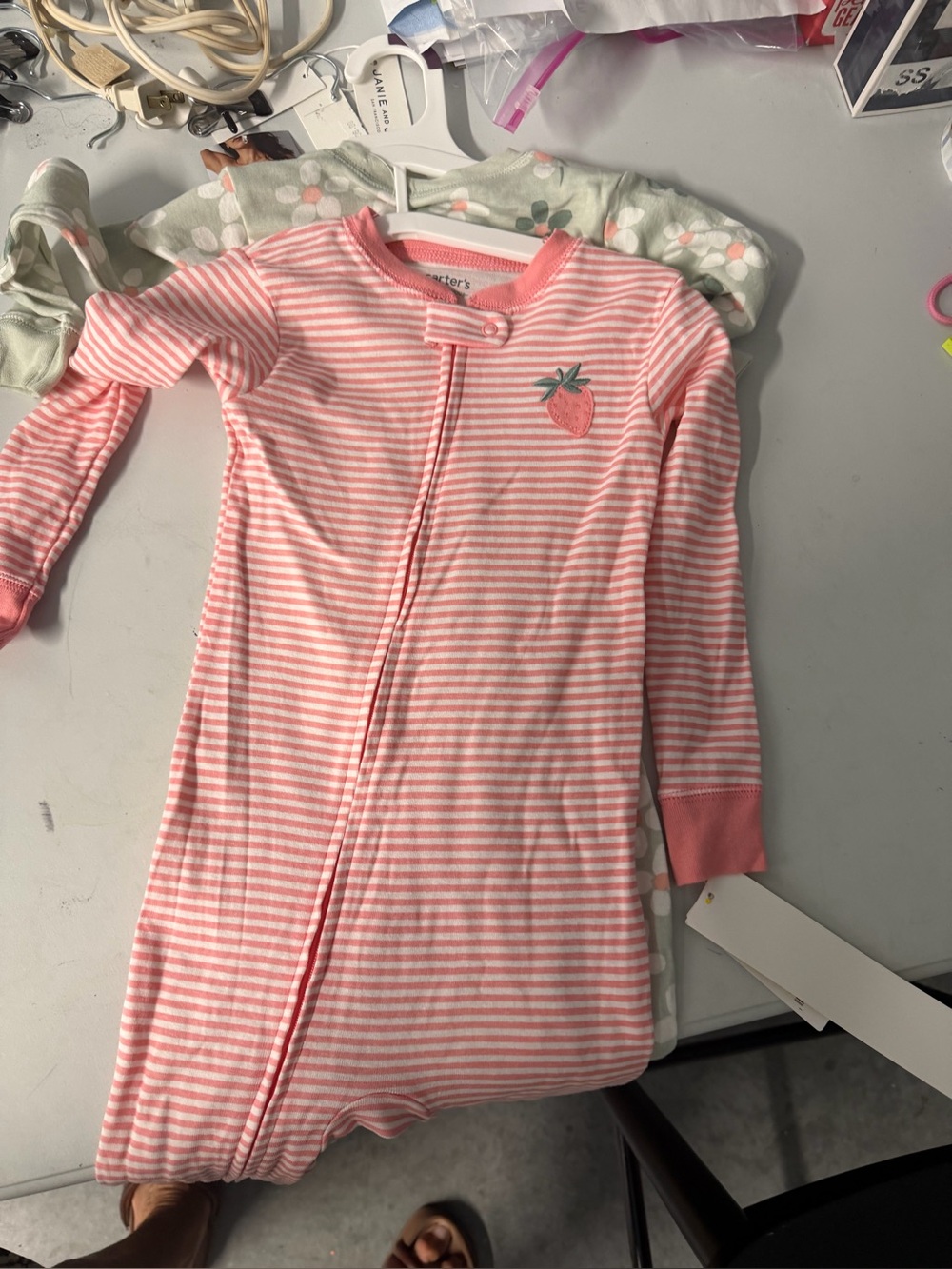 Carter's Pink and White Stripe Toddler Zip Sleep pj with Strawberry Patch 2pjs